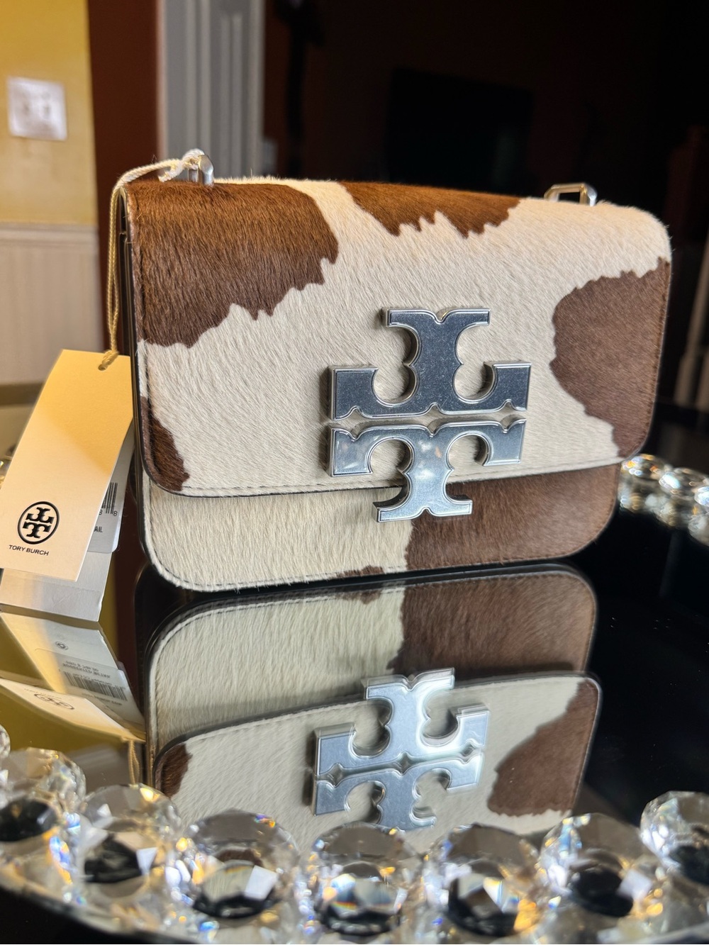 Tory Burch Eleanor Haircalf Small Convertible Shoulder Bag In Cow Natural Print.